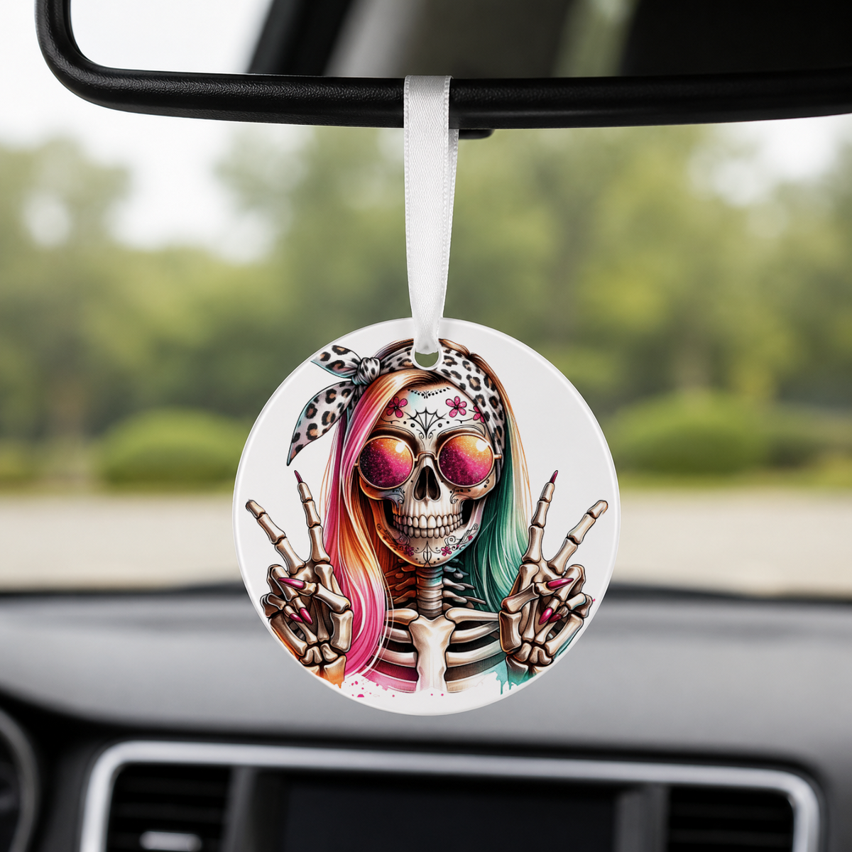 Hipster Skull - Leopard Colorful Hair Peace Sign - Round Car Charm in white