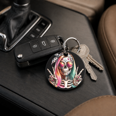 Hipster Skull - Leopard Colorful Hair Peace Sign - Keychain in black