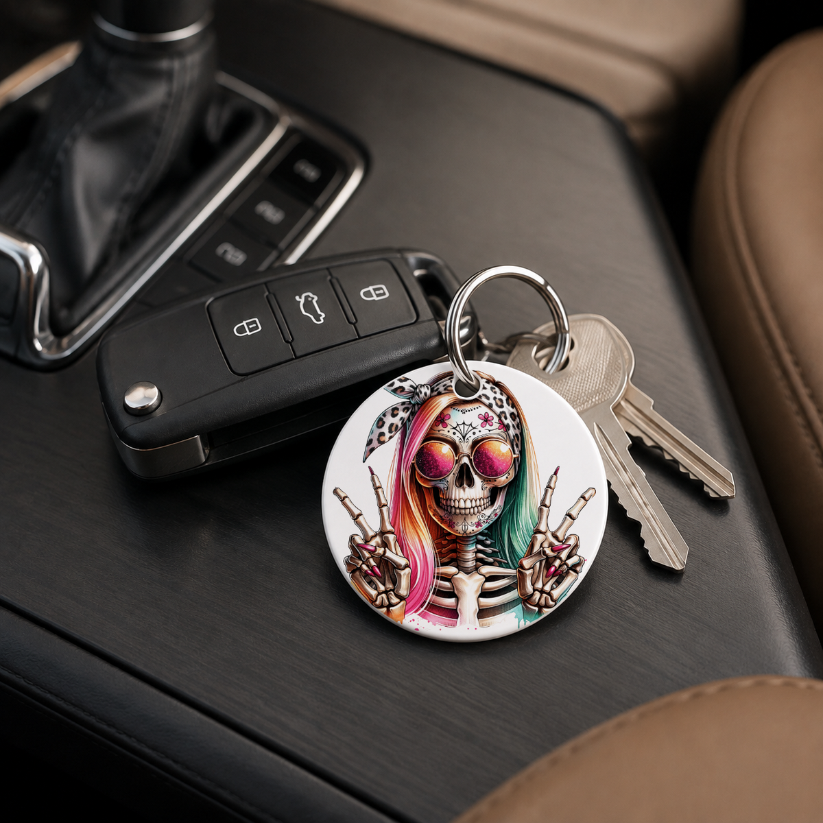 Hipster Skull - Leopard Colorful Hair Peace Sign - Keychain in white