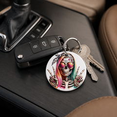 Hipster Skull - Leopard Colorful Hair Peace Sign - Keychain in white