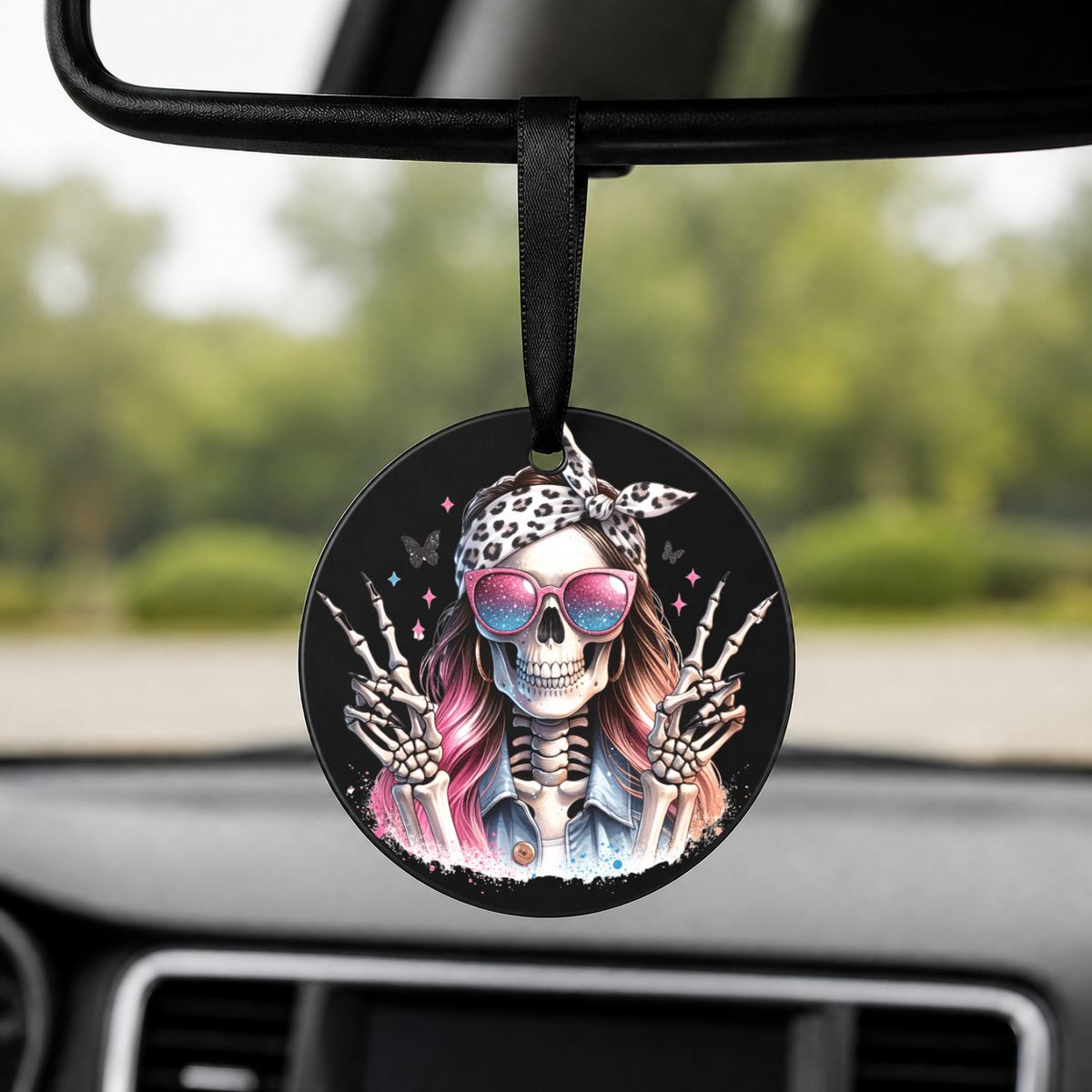 Hipster Skull - Pink Bandana Peace Sign - Round Car Charm in black