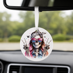 Hipster Skull - Pink Bandana Peace Sign - Round Car Charm in white