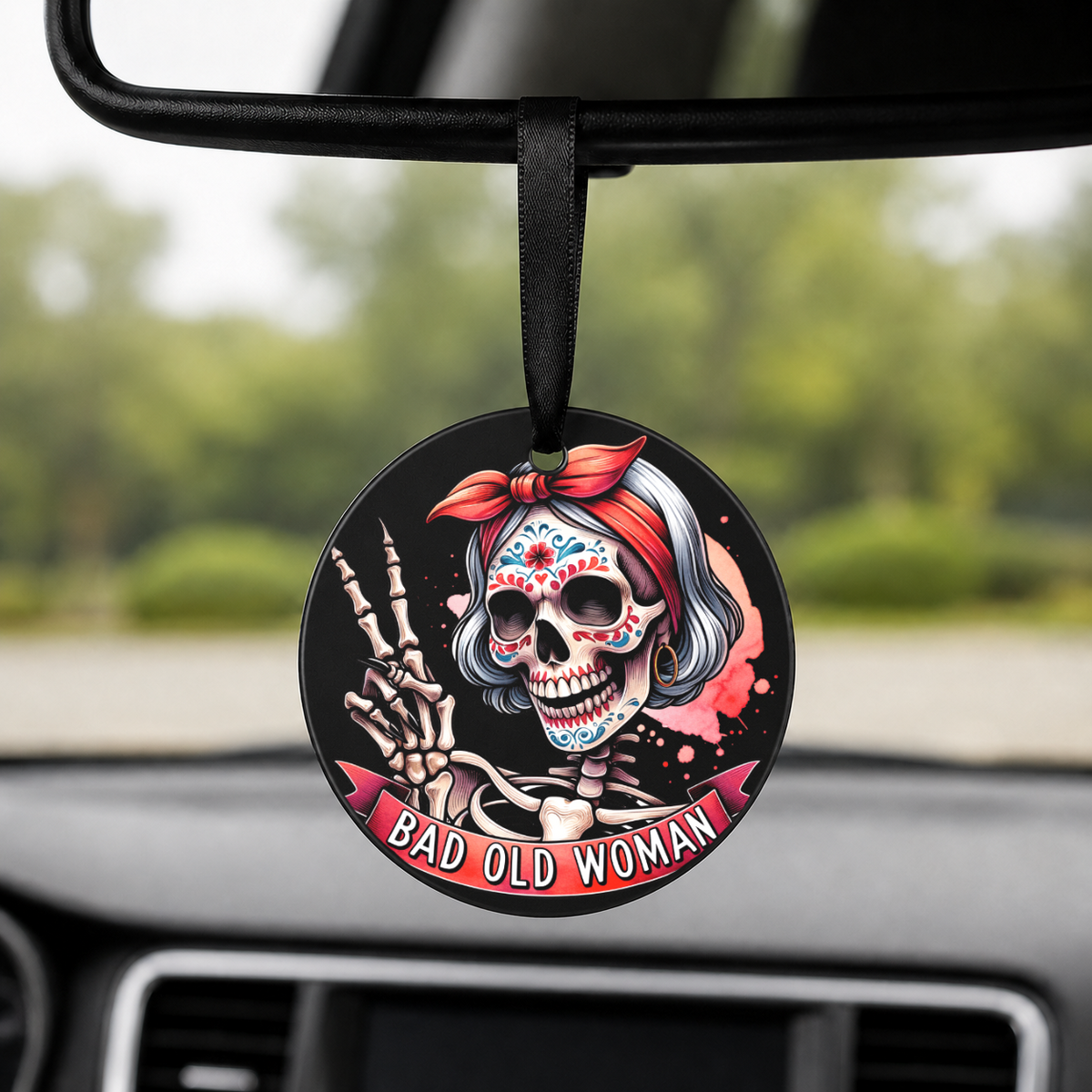 Hipster Skull - Pink Bandana Sugar Skull Peace - Round Car Charm in black