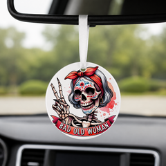 Hipster Skull - Pink Bandana Sugar Skull Peace - Round Car Charm in white