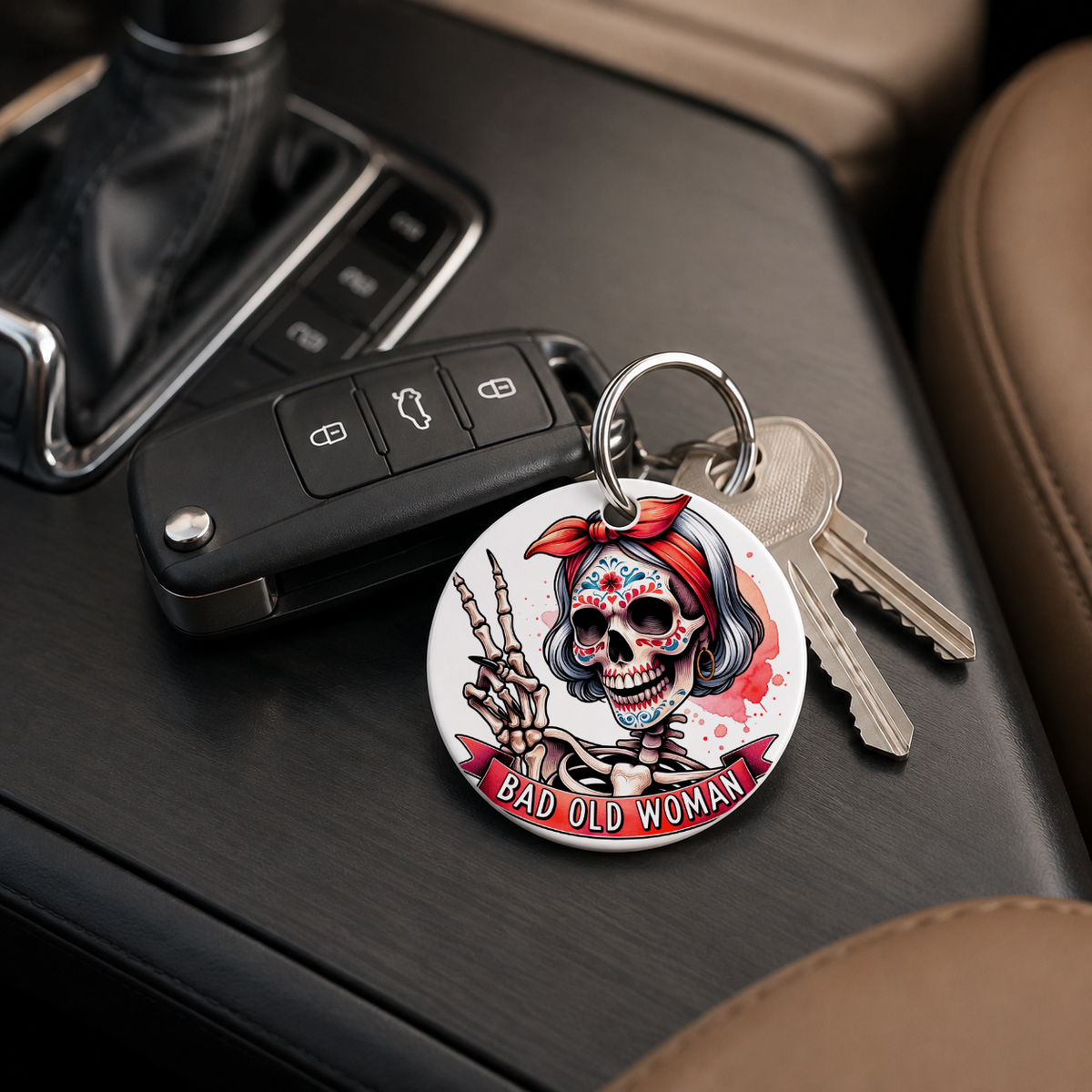 Hipster Skull - Pink Bandana Sugar Skull Peace - Keychain in white