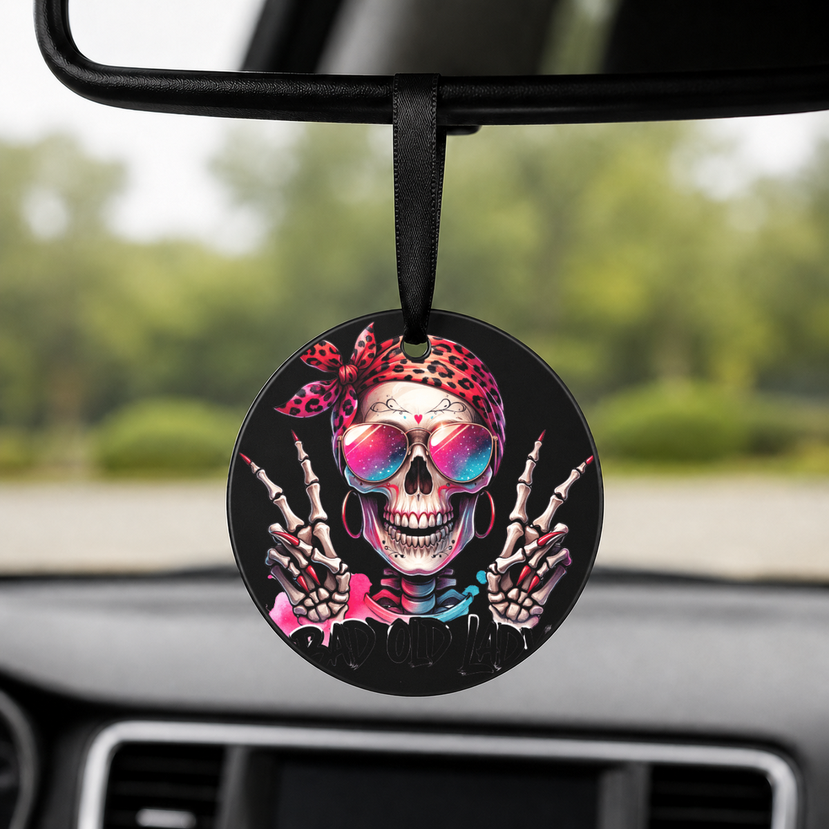 Hipster Skull - Red Bandana Peace Sign - Round Car Charm in black