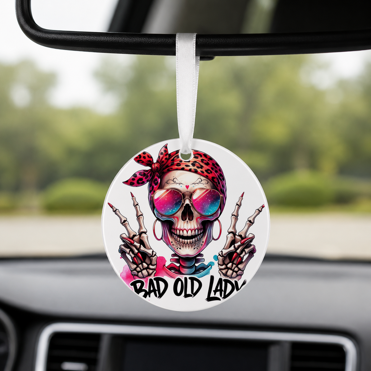 Hipster Skull - Red Bandana Peace Sign - Round Car Charm in white