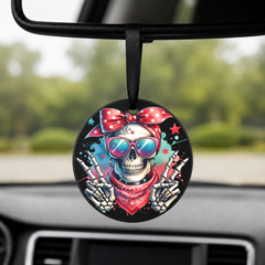 Hipster Skull - Red Grey Bandana Peace Sign - Round Car Charm in black