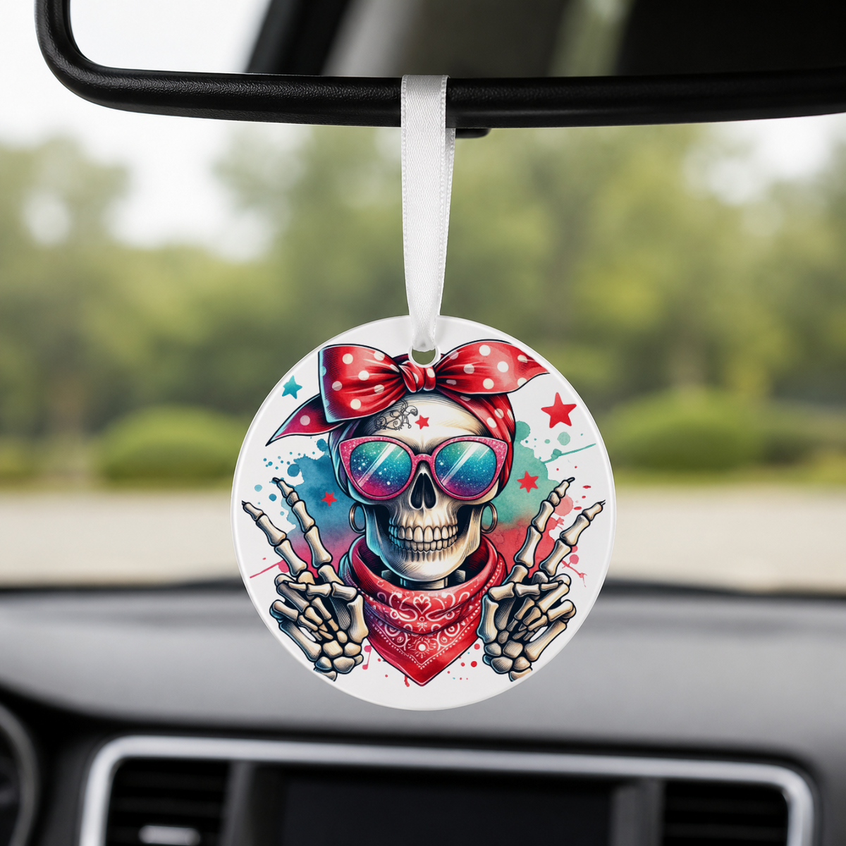 Hipster Skull - Red Grey Bandana Peace Sign - Round Car Charm in white