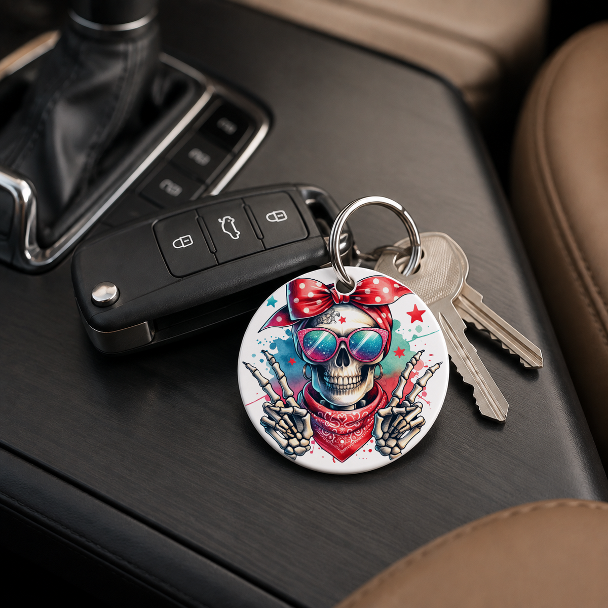 Hipster Skull - Red Grey Bandana Peace Sign - Keychain in white