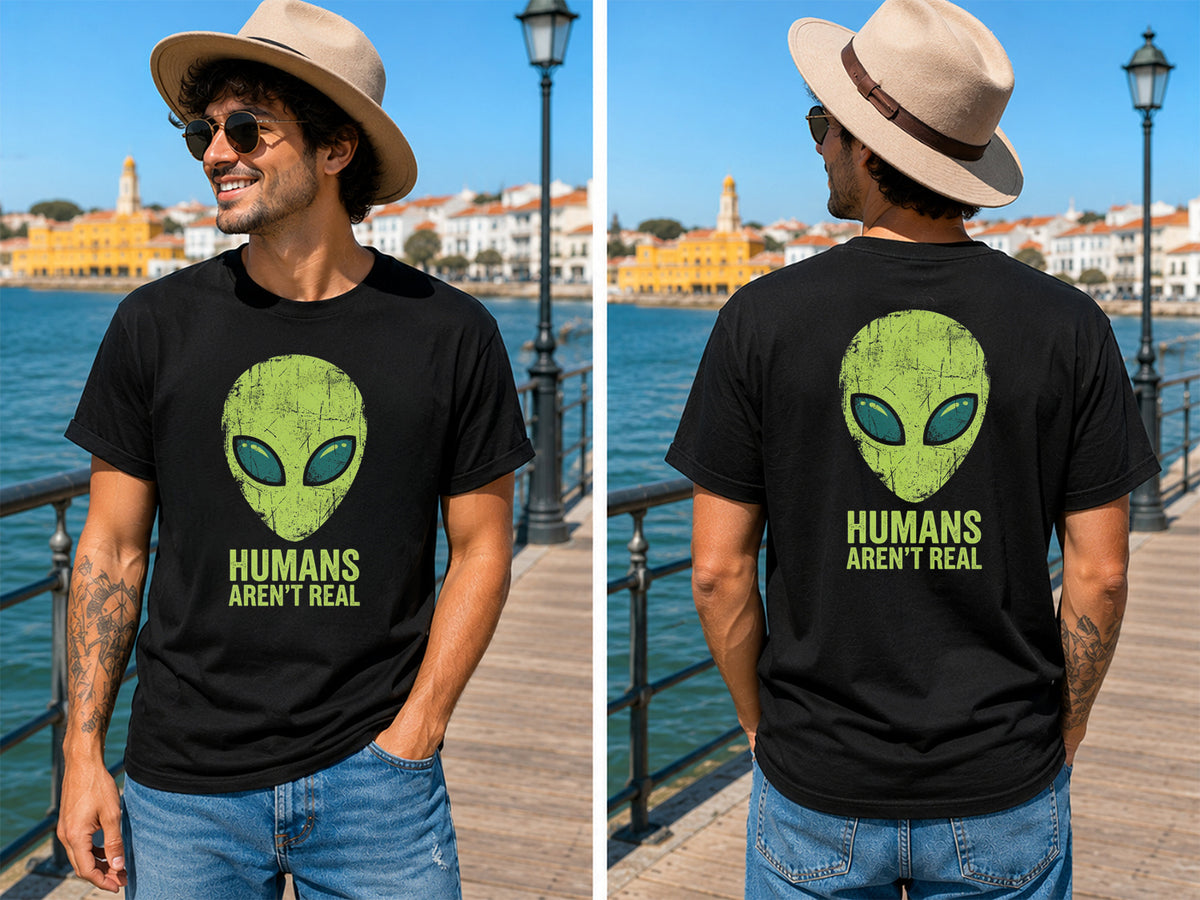 Humans Aren't Real - Men's T-Shirt in black, showing alternative front or back print placement