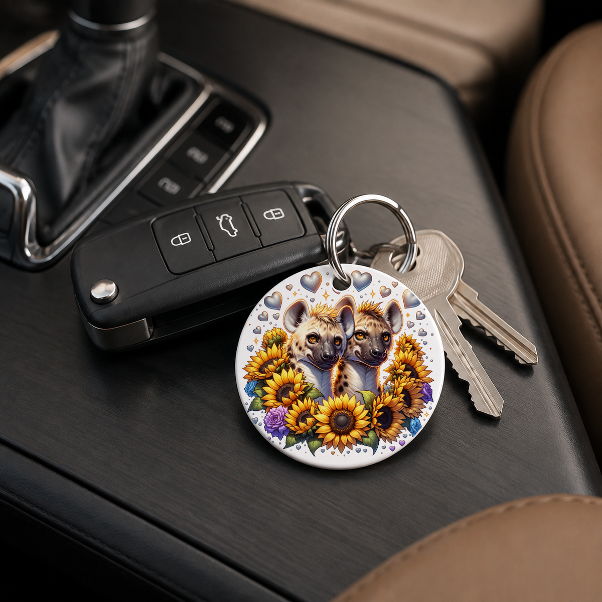 Hyenas With Sunflowers - Pair - Keychain in white