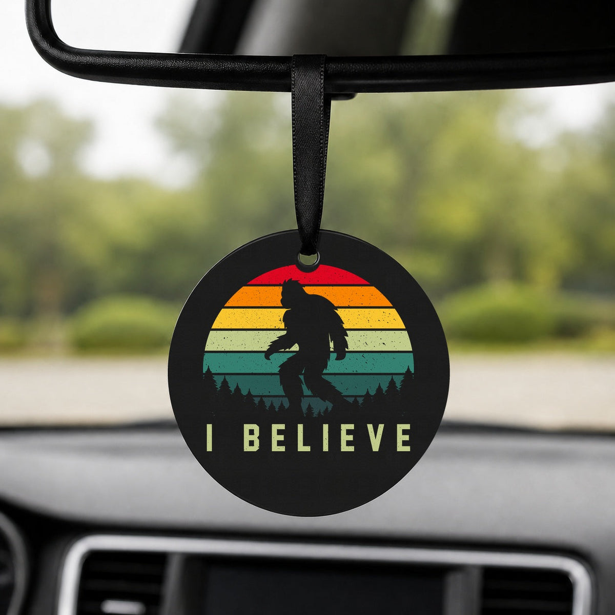 I Believe Bigfoot - Round Car Charm in black