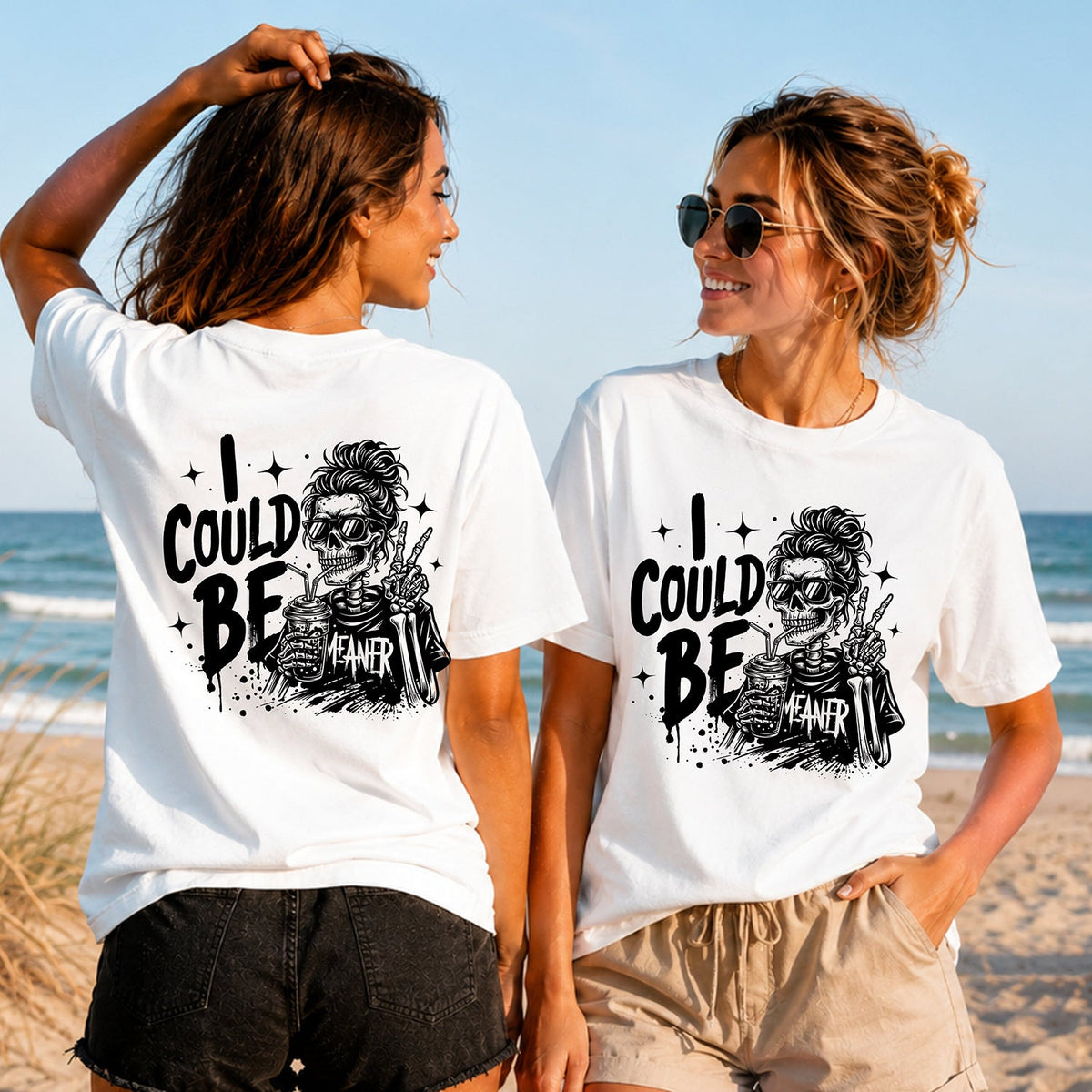 I Could Be Meaner - Skeleton - Women's T-Shirt in white, showing alternative back and front print placements on the beach