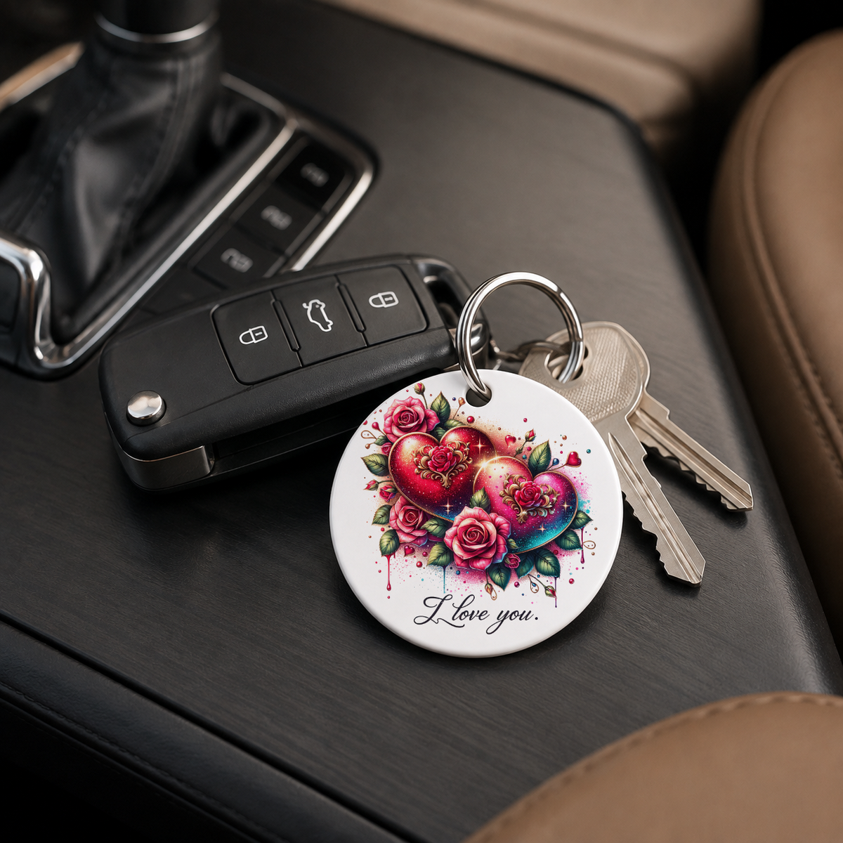 I Love You Heart Roses - Red - Keychain in white