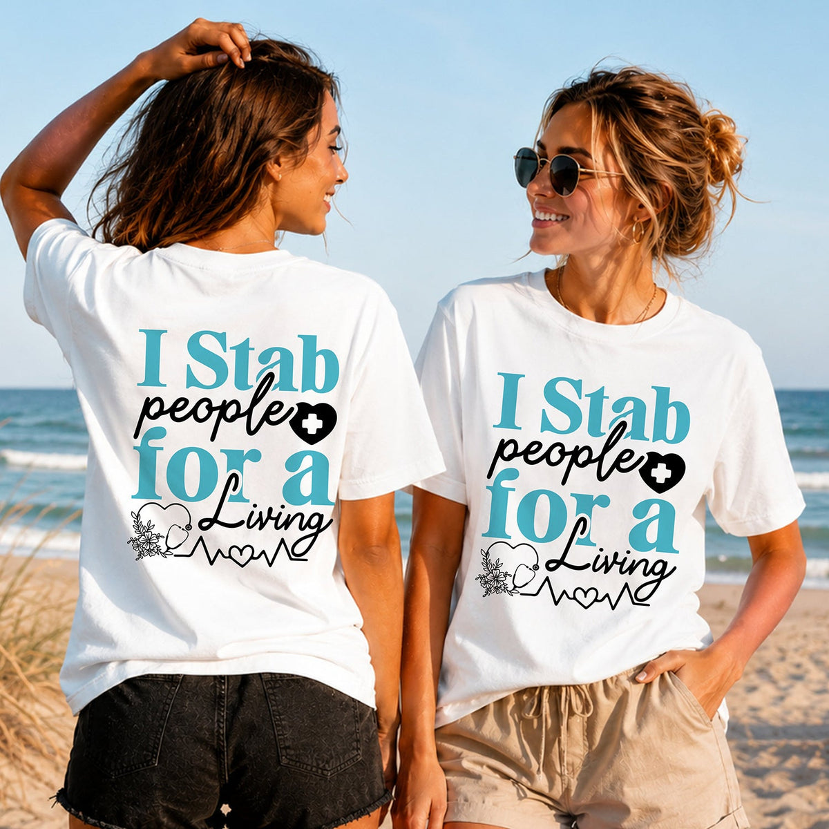 I Stab People for a Living - Women's T-Shirt in white, showing alternative back and front print placements on the beach