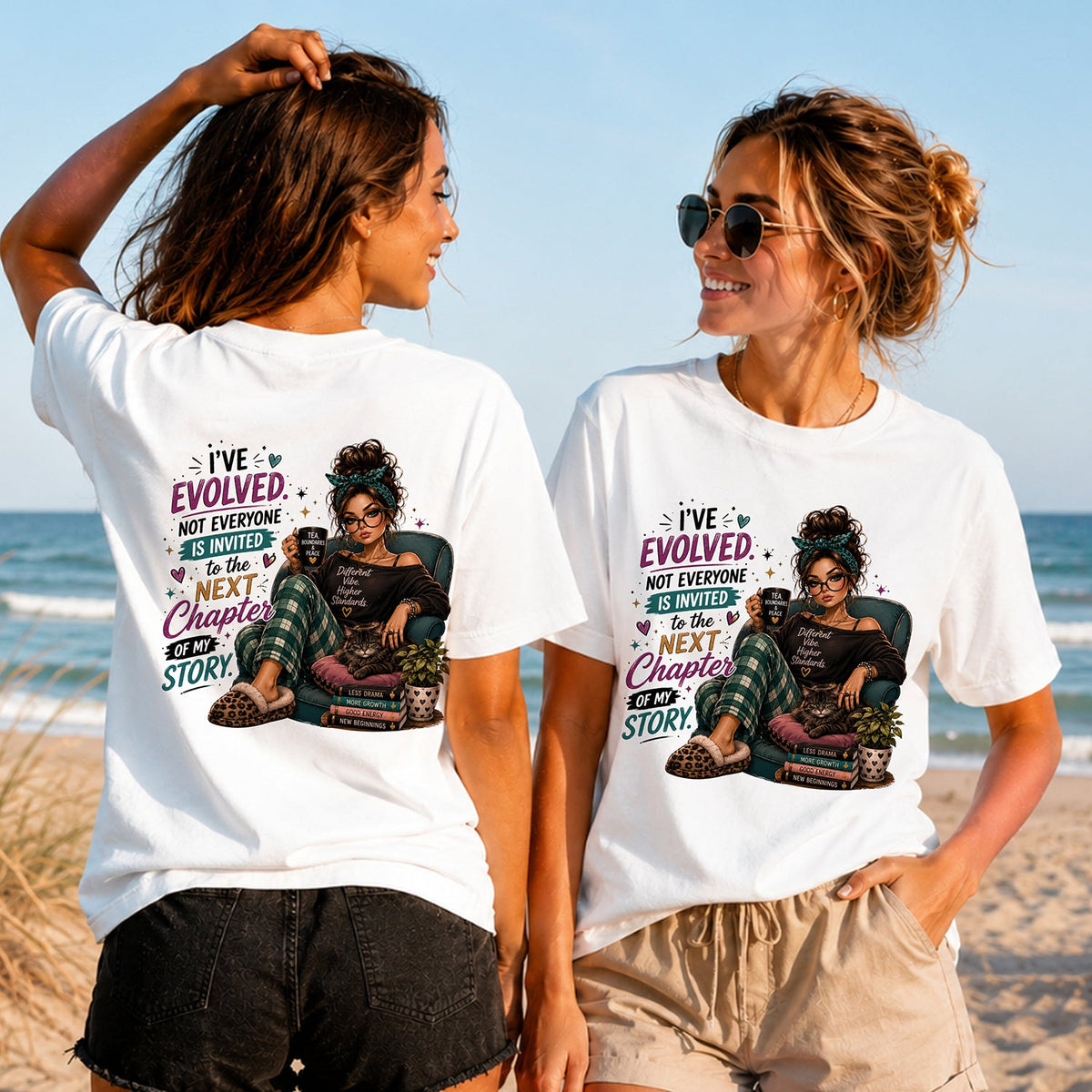I've Evolved - Women's T-Shirt in white, showing alternative back and front print placements on the beach