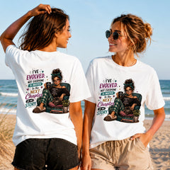 I've Evolved - Women's T-Shirt in white, showing alternative back and front print placements on the beach