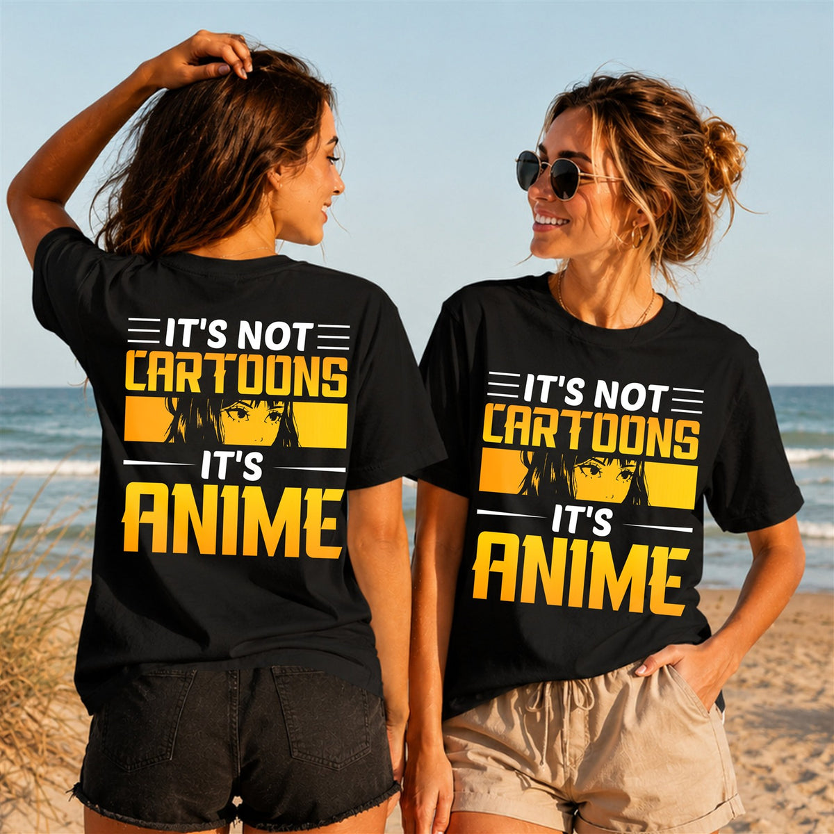 Its Not Cartoons Its Anime Quote - Color - Women's T-Shirt in black, showing front and back print placement choices
