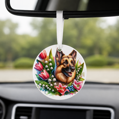 Jack Russell With Tulips - Round Car Charm in white