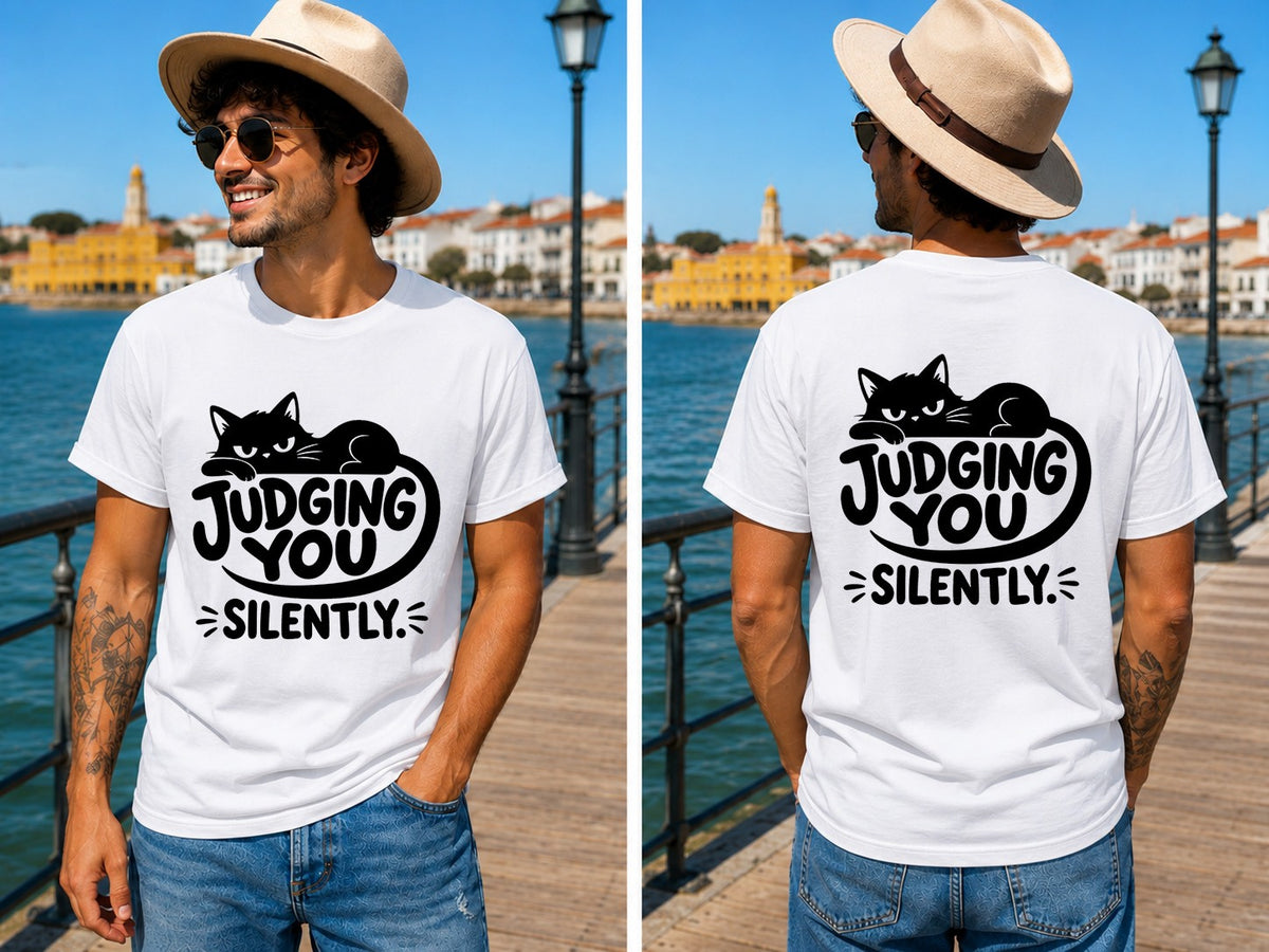 Judging You Silently Cat 1 - Men's T-Shirt in white, showing front and back print placement choices