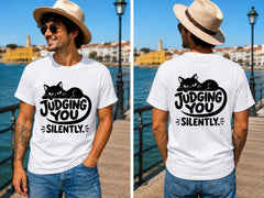 Judging You Silently Cat 1 - Men's T-Shirt in white, showing front and back print placement choices