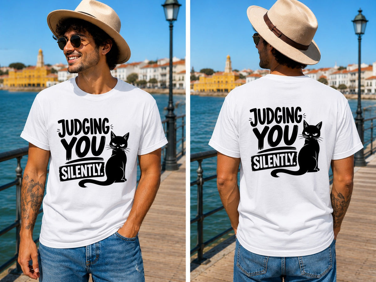 Judging You Silently Cat 2 - Men's T-Shirt in white, showing front and back print placement choices