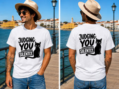 Judging You Silently Cat 2 - Men's T-Shirt in white, showing front and back print placement choices
