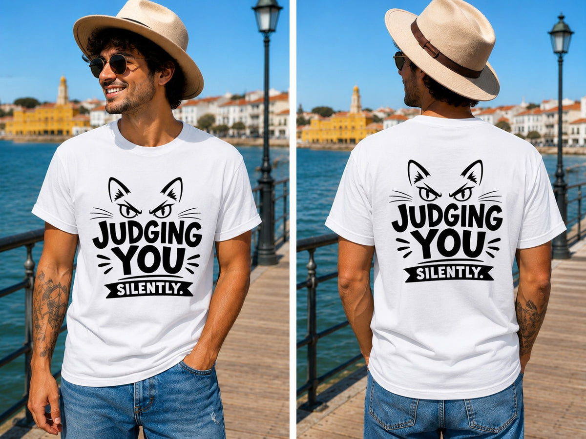 Judging You Silently Cat 3 - Men's T-Shirt in white, showing front and back print placement choices