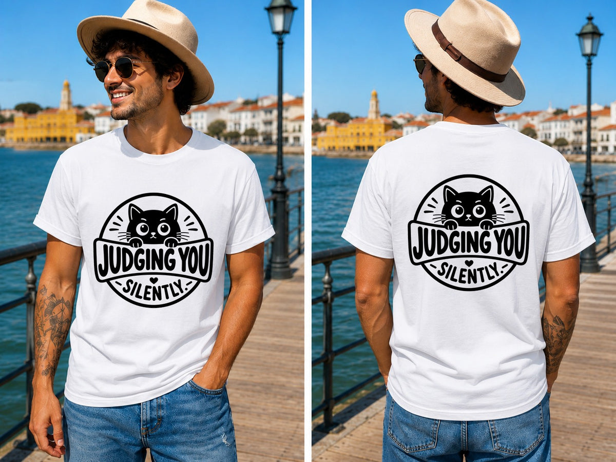 Judging You Silently Cat Badge 2 - Men's T-Shirt in white, showing front and back print placement choices