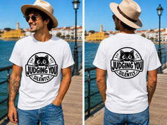 Judging You Silently Cat Badge 2 - Men's T-Shirt in white, showing front and back print placement choices