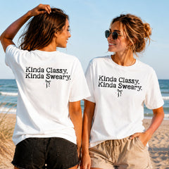 Kinda Classy Kinda Sweary - Women's T-Shirt in white, showing alternative back and front print placements on the beach