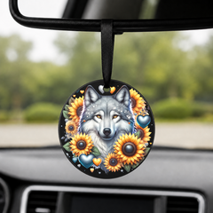Leopard With Sunflowers - Round Car Charm in black