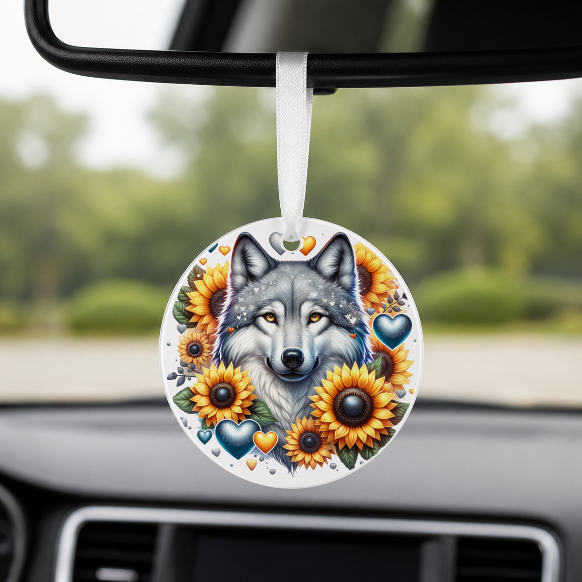 Leopard With Sunflowers - Round Car Charm in white