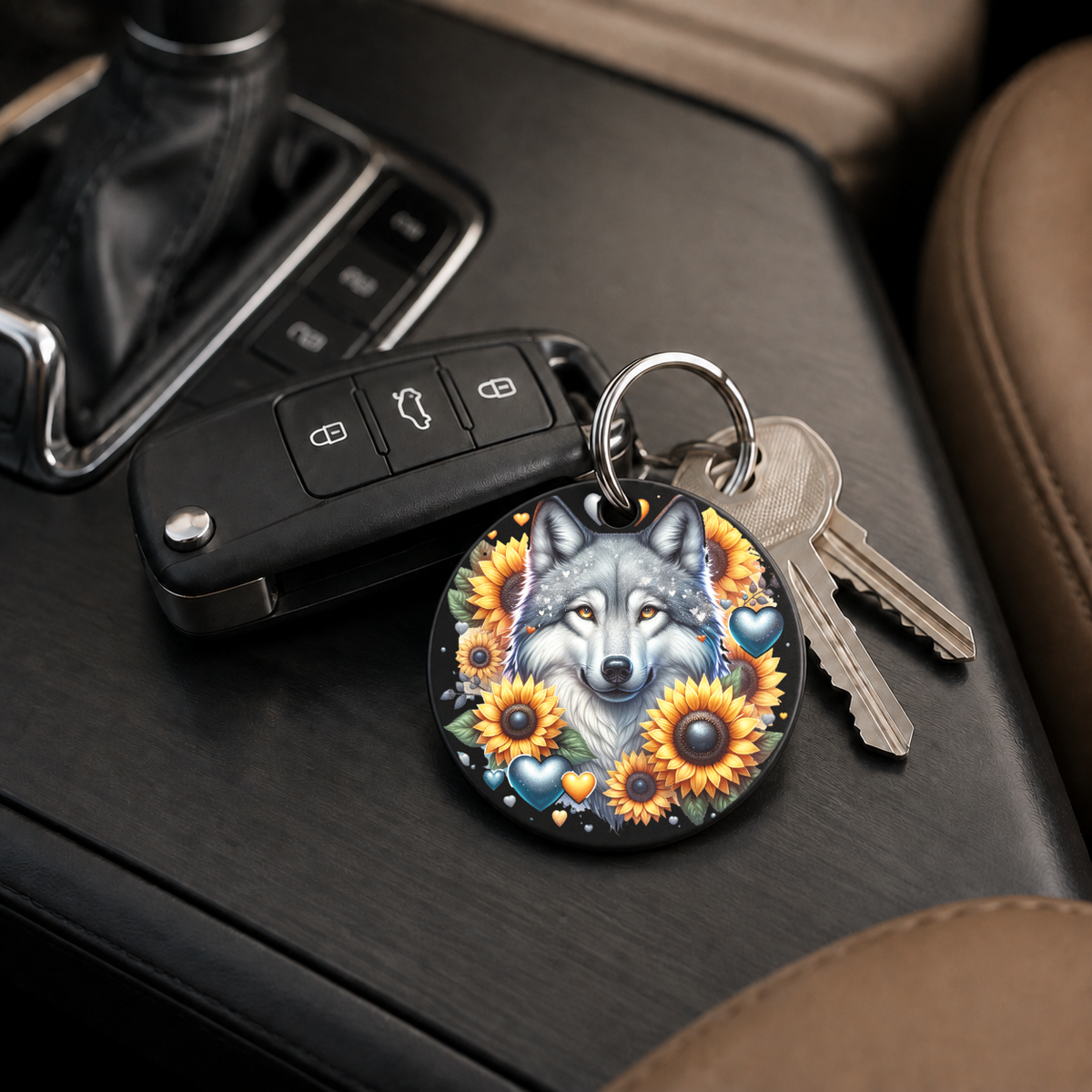 Leopard With Sunflowers - Keychain in black