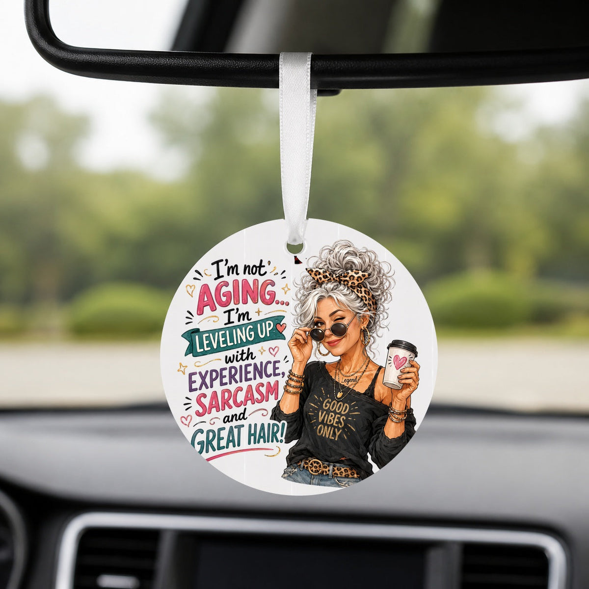 Levelling Up with Great Hair - Round Car Charm in white