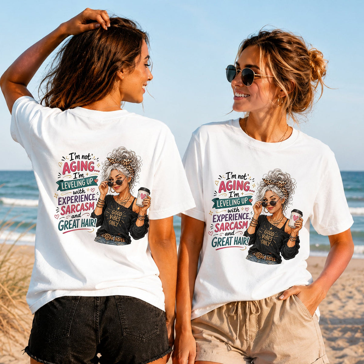 Levelling Up with Great Hair - Women's T-Shirt in white, showing alternative back and front print placements on the beach