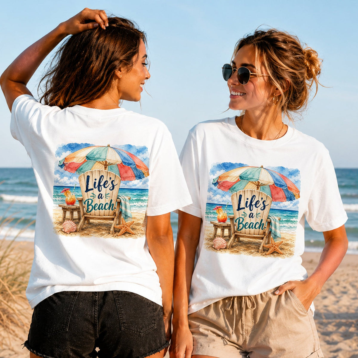 Life's a Beach - Women's T-Shirt in white, showing alternative back and front print placements on the beach