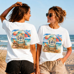 Life's a Beach - Women's T-Shirt in white, showing alternative back and front print placements on the beach