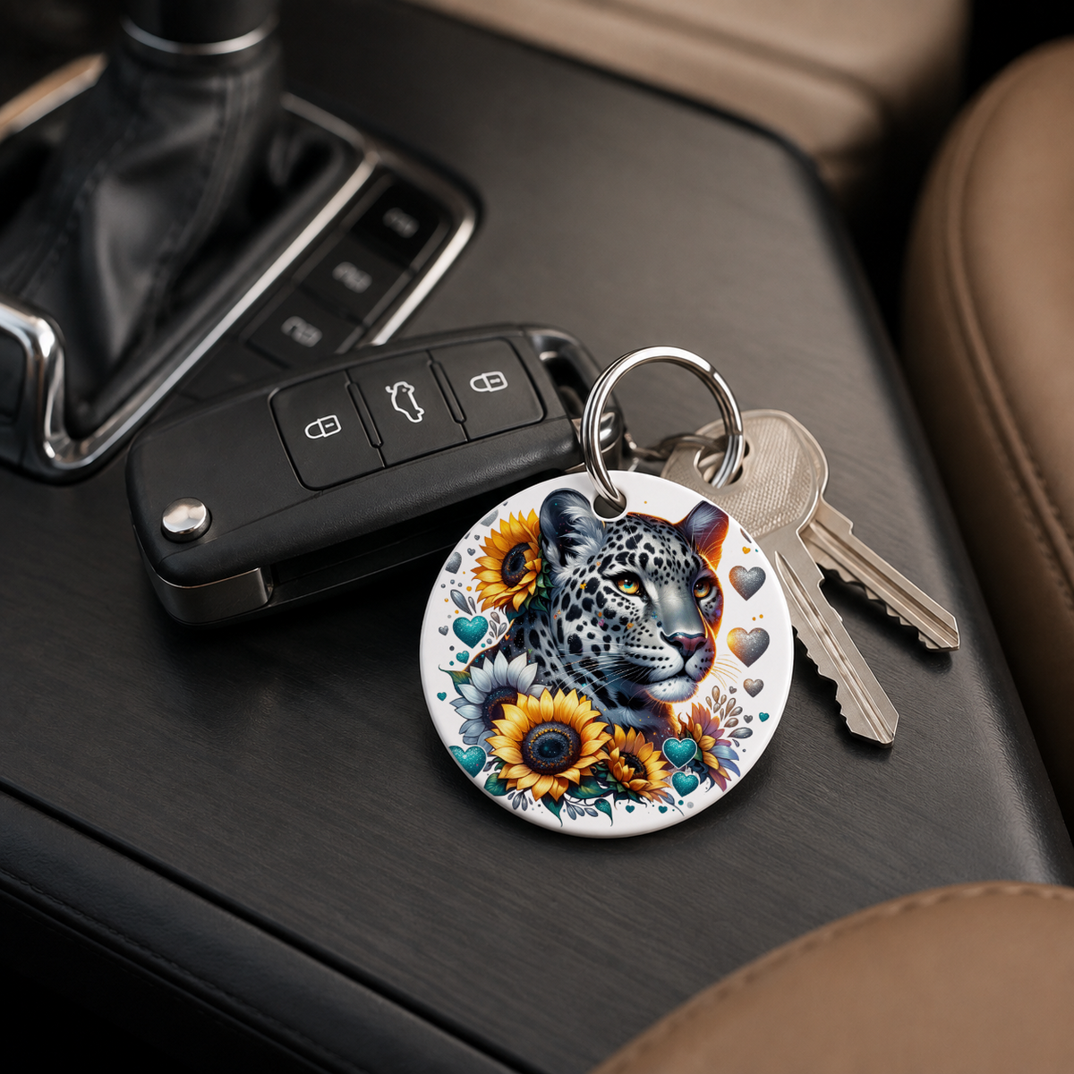 Lion Pair With Sunflowers - Crown - Keychain in white