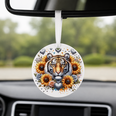 Lion With Sunflowers - White - Round Car Charm in white