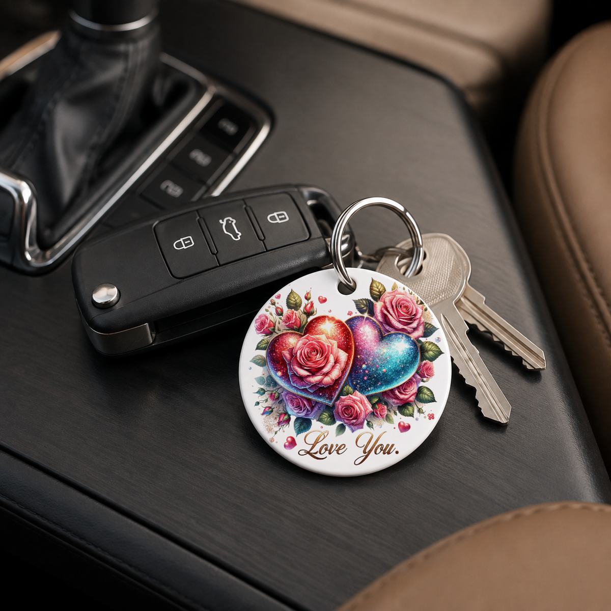 Love You Double Heart Roses - Keychain in white