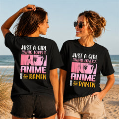 Loves Anime And Ramen Quote - Color - Women's T-Shirt in black, showing front and back print placement choices