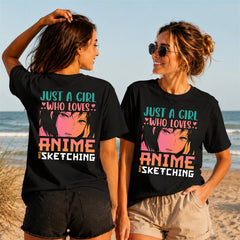 Loves Anime And Sketching Quote 1 - Women's T-Shirt in black, showing front and back print placement choices