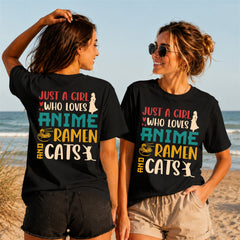 Loves Anime Ramen And Cats Quote - Color - Women's T-Shirt in black, showing front and back print placement choices