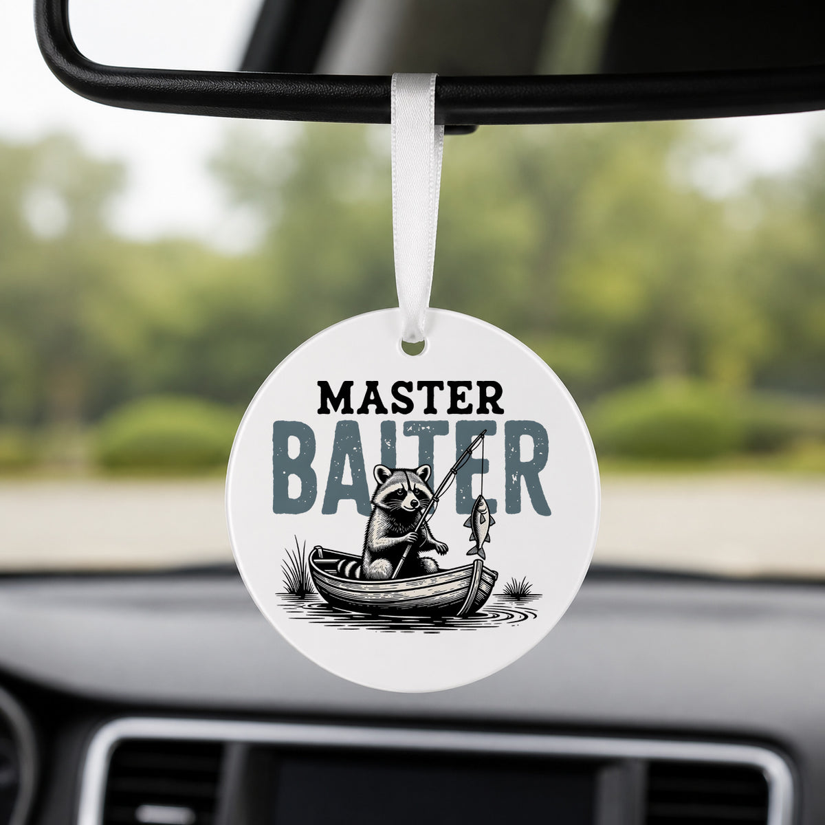 Master Baiter Raccoon - Round Car Charm in white