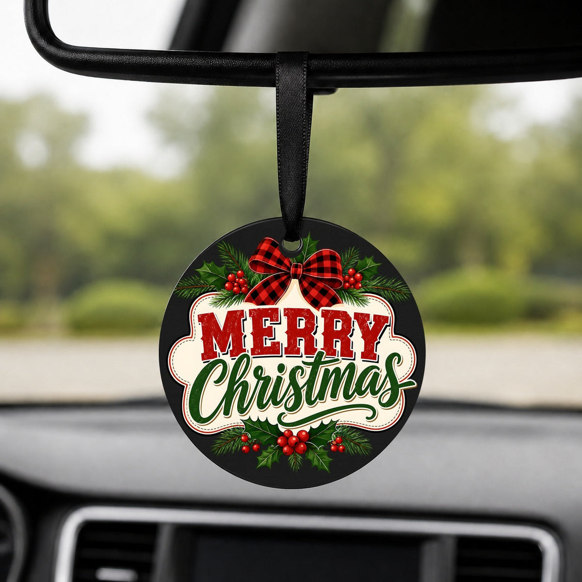 Merry Christmas Plaid Bow - Round Car Charm in black