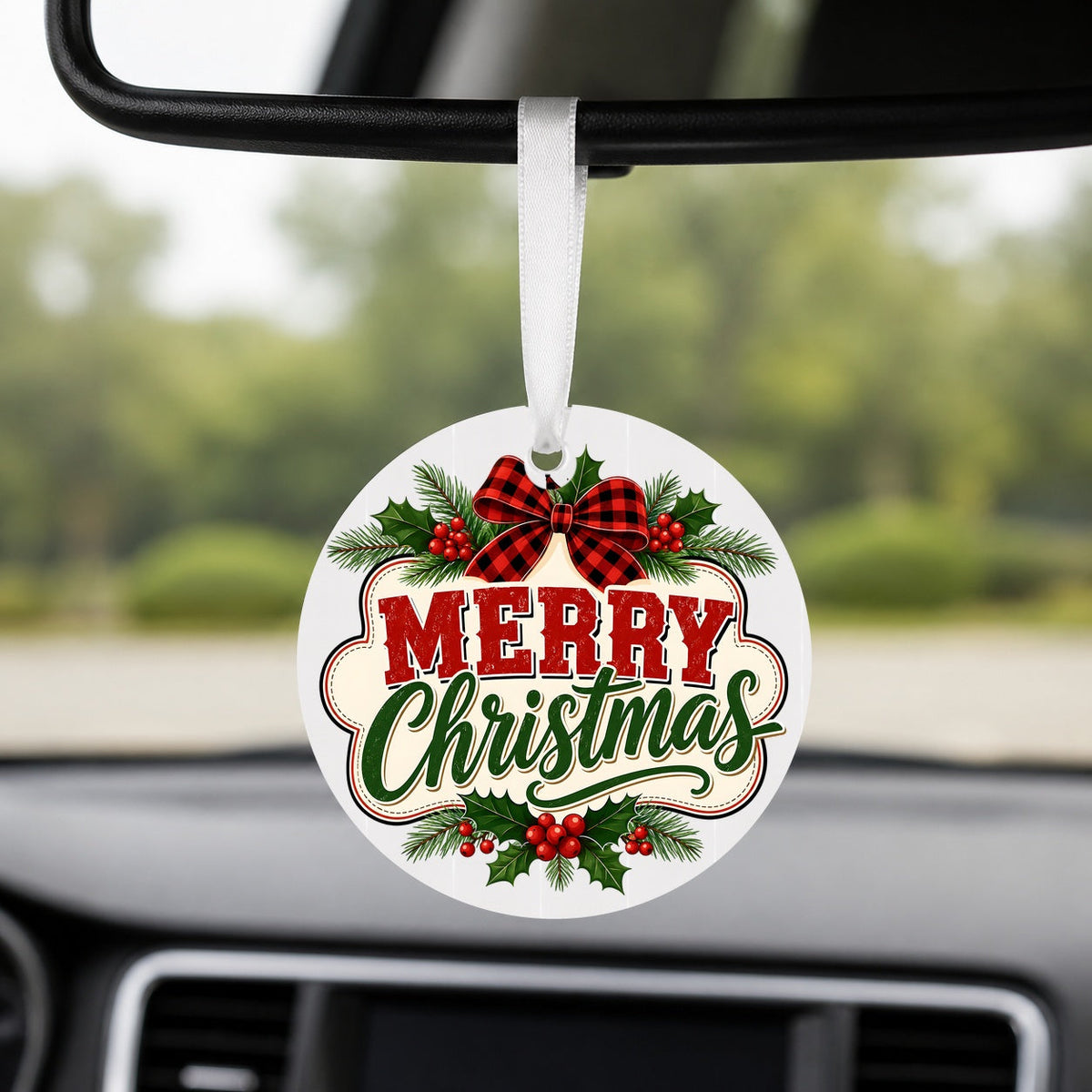 Merry Christmas Plaid Bow - Round Car Charm in white