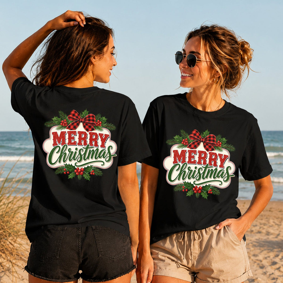 Merry Christmas Plaid Bow - Women's T-Shirt in black, showing alternative back and front print placements on the beach
