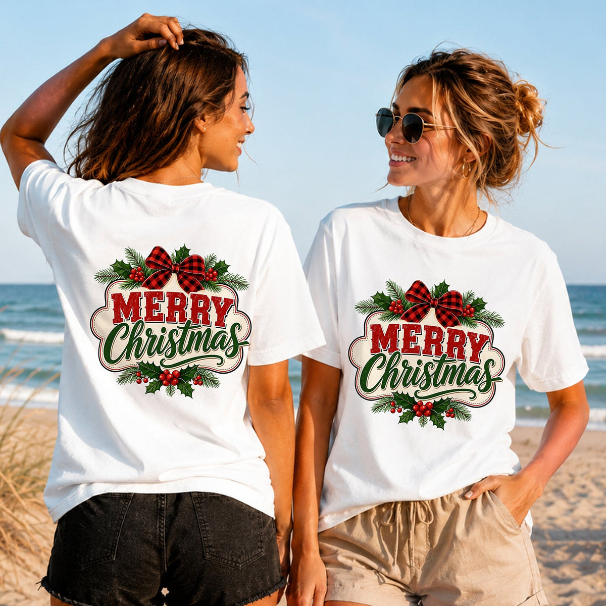 Merry Christmas Plaid Bow - Women's T-Shirt in white, showing alternative back and front print placements on the beach